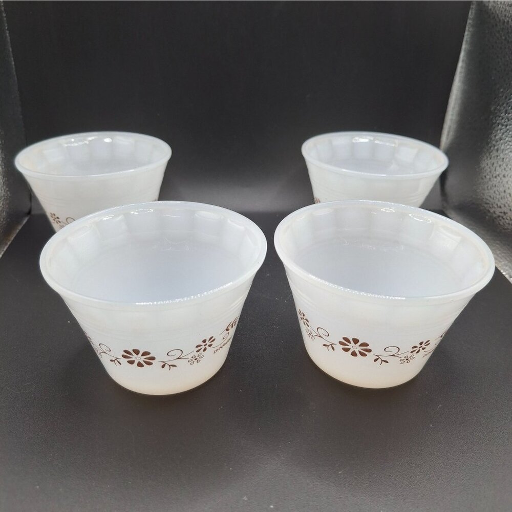 VTG Pry-O-Rey Dynaware Milk Glass Custard Cups Brown Floral Pattern - Set Of 4